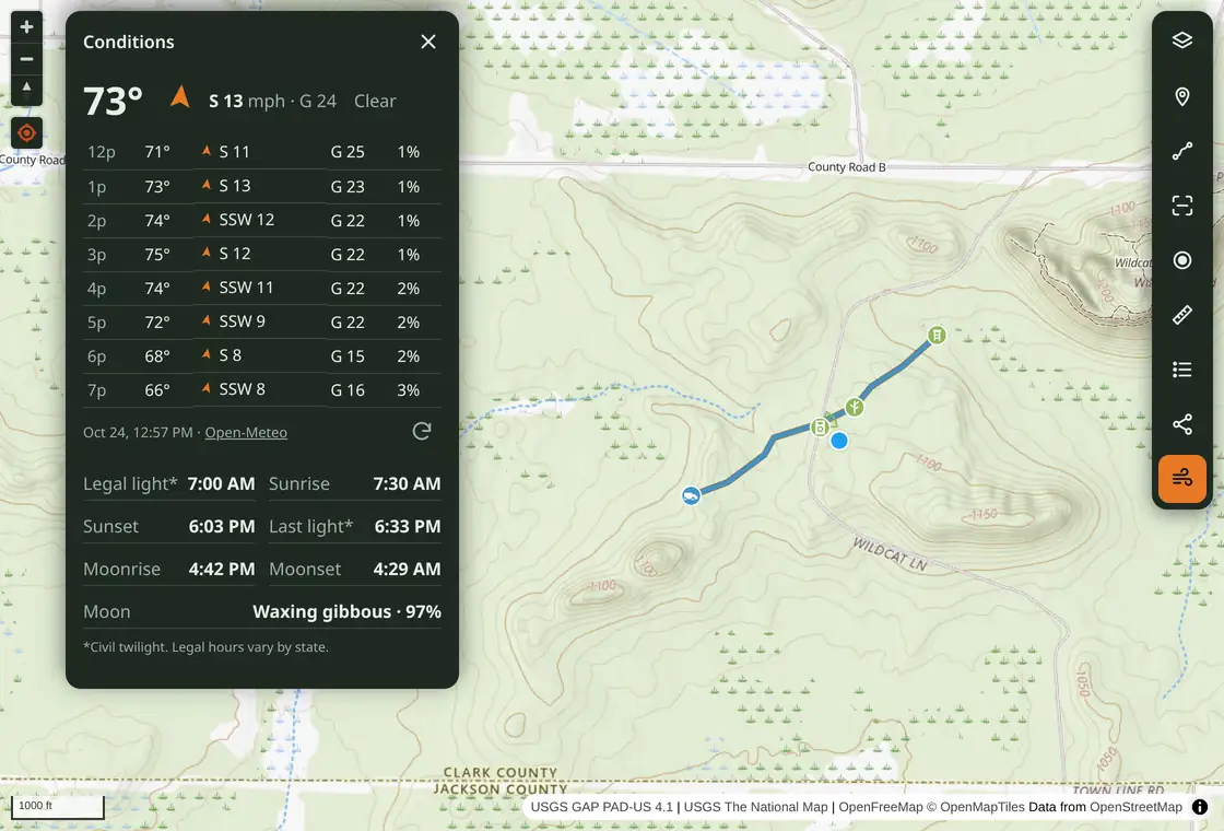 Free Hunting Map Conditions panel showing a real Open-Meteo forecast, wind and locally calculated sun and moon information.