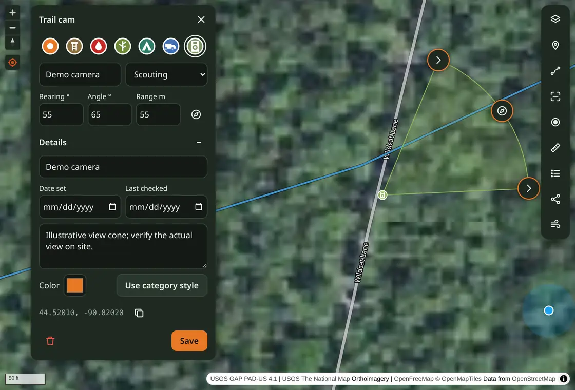 Trail cam editor on a central Wisconsin satellite map, showing a demo camera pin, view cone and draggable bearing, range and angle handles.