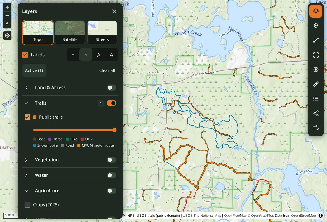 Public trails layer showing federal routes in Chequamegon-Nicolet National Forest near Hayward, Wisconsin, north of the central Wisconsin demo area.